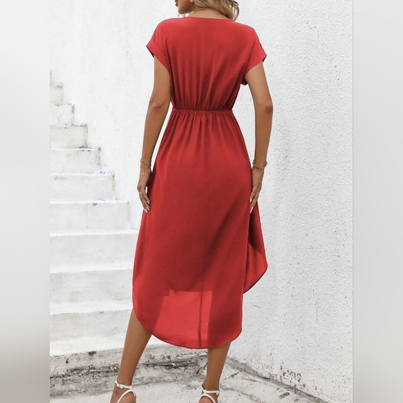 5 for $ 25 Bundle deal - SHEIN Classic Solid Tie Front High Low Red Dress - Picture 2 of 4